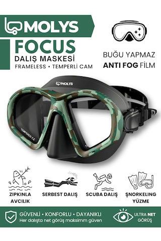 Molys Focus Dalış Maskesi + Antı Fog Buğu Önleyici Film + Katlanabilir Şnorkel + Maske Kutusu Yeşil - Kamuflaj