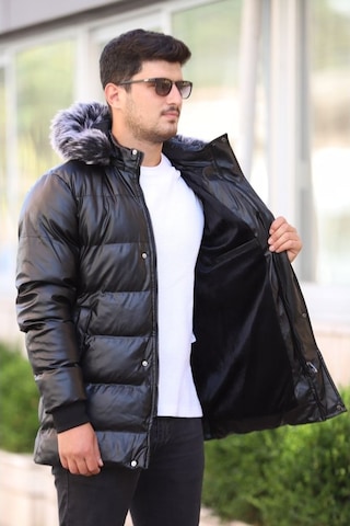 Prifaldi Erkek Kapüşonu Çıkarılabilir Siyah Şişme Uzun Deri Mont Siyah