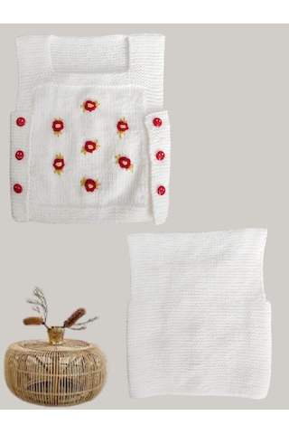 Beyaz El Örgü Sıfır Kollu Bebek Yeleği Kırmızı Çiçekli Beyaz Beyaz - Pembe