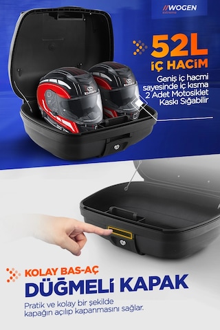 Wogen 52 Litre Motosiklet Arka Çantası Üst Bagaj Basic Siyah Tek Renk
