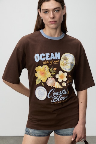Grımelange Nıtza Kadın %100 Pamuk Oversize Bisiklet Yaka Kahverengi T-shirt