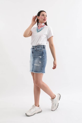 Kadın Mavi Renk Bloklu Yırtık Jean Etek 001