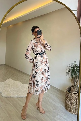 Neşeli Butik Kadın Desenli Gömlek Yaka Midi Elbise Nm011 Bej