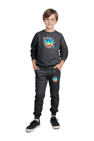 Fyk Kids 2'li Erkek Çocuk Yuvarlak Yaka Baskı Detaylı Eşofman Takımı Gri - Füme
