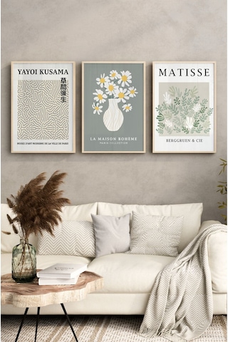 Ahşap Çerçeveli Mdf Tablo Seti Matisse, Bohem, Kusama Salon Ve Oturma Odası İçin Çt3009 42 X 62