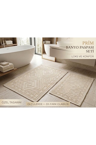 İkili Banyo Paspası Pamuklu Kaymaz Taban Dikdörtgen Banyo Paspası Kilim Klozet Takımı Krem
