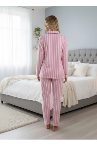 Kadın Desenli Boydan Düğmeli Pijama Takım Pembe