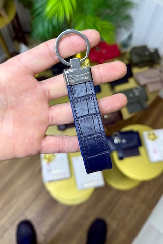 Lacivert Croco Hakiki Deri Premium Anahtarlık Kişiye Özel İsim Baskılı