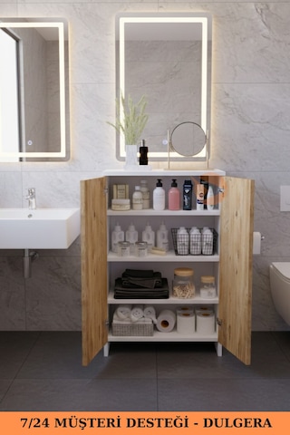 2 Kapaklı 4 Raflı Dolap Çok Amaçlı Dolap Banyo Dolabı Banyo Rafı Çam