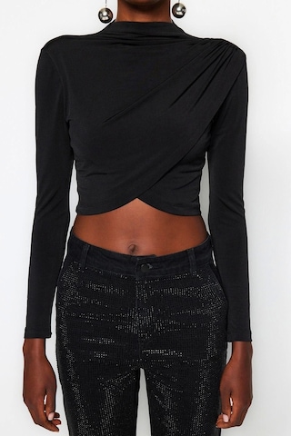 Ersefa Moda Dik Yaka Örme Slim Düz Desen Şık Gece Crop Uzun Kol Bluz siyah