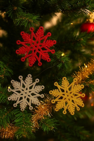 Yılbaşı Ağaç Süsü Simli Kar Tanesi 3'lü Kırmızı Gold Gümüş Set