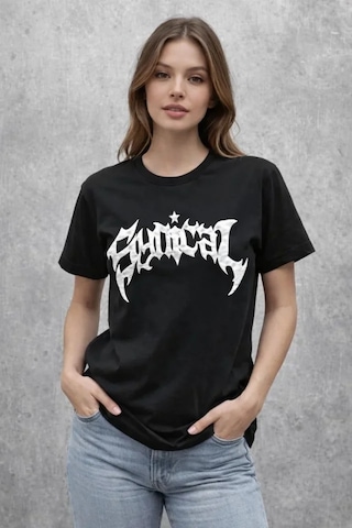 De'charme Bisiklet Yaka Ön Baskılı Kısa Kollu Tişört Streetwear Günlük Basic Pamuklu T-shirt - Siyah