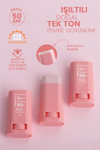 Bade Natural Ton Eşitleyici ve Yüksek Koruyucu Pembe Stick Güneş Kremi SPF50 16 G