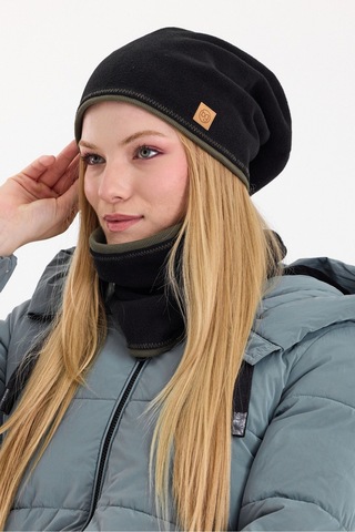 Butikgiz Kadın Dış Kısım Polar, İç Kısım Kaşkorse Pamuklu, Çift Renk, Çift Kat, Katlanabilir Bere Boyunluk Set Siyah-haki
