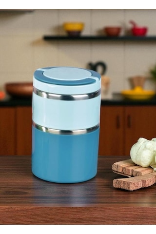 Tohana Kulplu Çelik Sefer Tası - Yemek Termosu Saklama Kabı 2 Katlı Mavi 930 Ml. Mavi