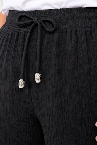Ertaştrendstore Kadın Battal Beden Bürümcük Kumaş Beli Lastikli Bağcıklı Bol Paça Palazzo Pantolon - Siyah Çok Renk