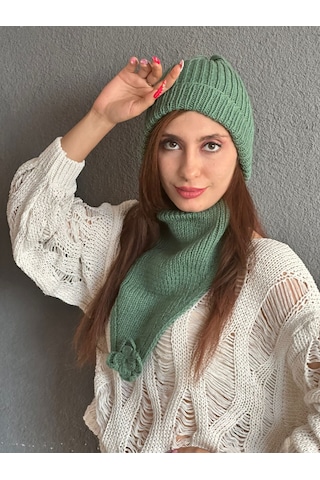 Gönülden Tasarım El Örgüsü Yumuşak Kadın Bere Boyunluk Set Haki
