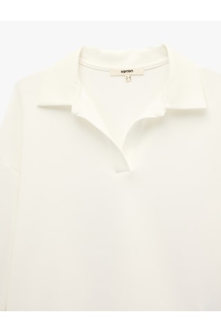 Koton Uzun Kollu Polo V Yaka Dantelli Etek Ucu Detaylı Sweatshirt Beyaz 6sak10170ek Beyaz