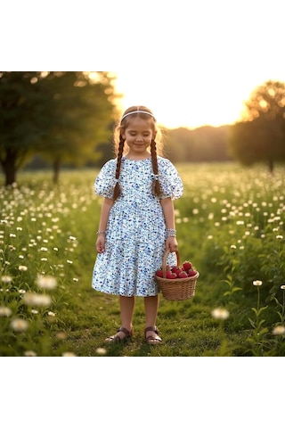 Çiçekli Kız Çocuk Yazlık Elbise Mavi