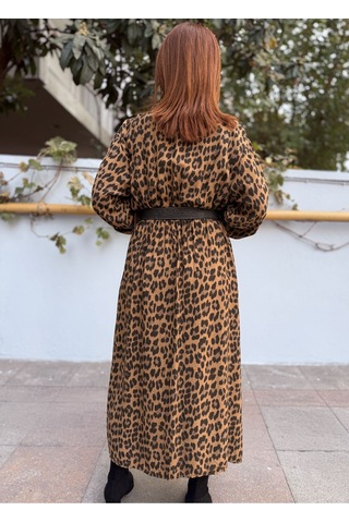 Denizege İtalyan Belmando Leopar Elbise Camel Camel