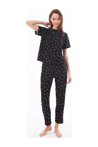 Premium Kadın Pijama Takımı Siyah Kalp Desenli Yumuşak Dokulu Kısa Kollu Bisiklet Yaka Siyah