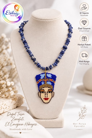 El Yapımı Miyuki Boncuk Nefertiti Figürlü Kolye Ve Bileklik Seti Mavi Özgün Tasarım