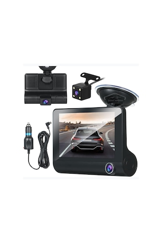 3 Kameralı Kayıt Cihazı İç Ön Arka Geri Görüş Kameralı 4.0" 1080p Full Hd Kayıt Çarpışma Algılayıcı Sensörlü Gece Görüşlü Park Sensörü Sesli Yol Kayıt 00 Şüscaroto Aksesuar