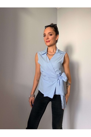 Ali Butik Mavi Sıfır Kol Poplin Gömlek Mavi