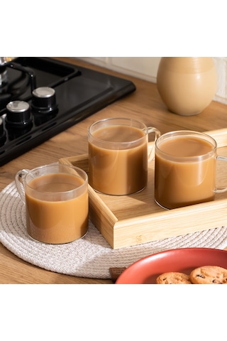 Porsima Pbt-589 Borosilikat Isıya Ateşe Dayanıklı Cam Kulplu 3 Lü Çay Bardağı Kahve Bardak Seti Kupa Şeffaf 350ml Şeffaf