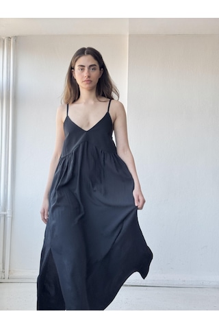 Retrobird Tasarım June Askılı Yırtmaçlı Elbise Siyah-13913 Siyah