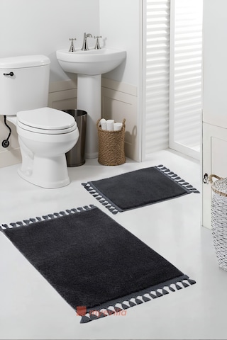 Simirna Ponpon Saçaklı Peluş Yıkanabilir Kaymaz Banyo Paspası 2'li Klozet Takımı Antrasit Antrasit