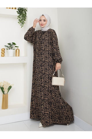 Önü Büzgülü Viskon Elbise - Siyah/taba / E0130 Siyah/taba