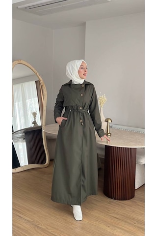 Esra Butik78 Kadın Düğmeli Trençkot Kendi Kumaşından Kemerli Model Haki