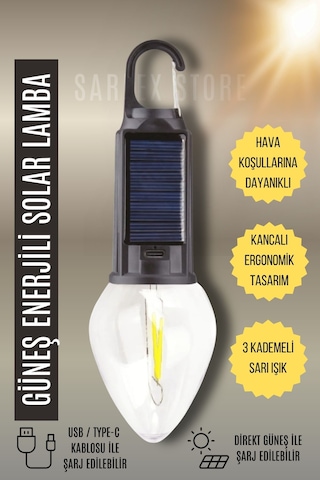 Solar Led Ampul Güneş Enerjili + Usb Şarjlı Bahçe Balkon Teras Kamp Karavan Aydınlatması Lambası 1