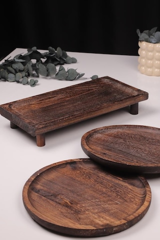 Bambum 3 Parça Pavlonya Heritage Ahşap Sunum Ve Servis Seti Dikdörtgen Ve Yuvarlak Servis Tabakları Ahşap