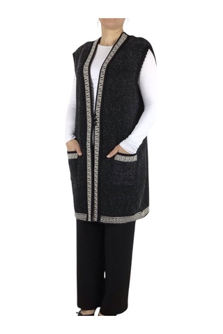 Kadın Önü Üç Düğmeli Desenli Cepli Kalın Büyük Beden Yelek Siyah