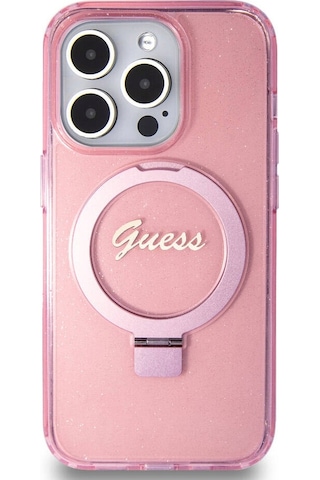 Apple Uyumlu iPhone 15 Pro Kılıf Guess Lisanslı Magsafe Özellikli Simli Ring Standlı