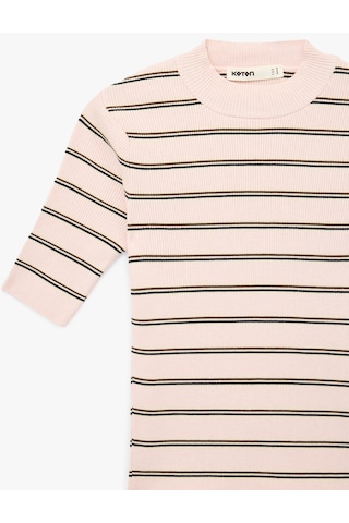 Koton Regular Fit Hafif Dik Yaka Kısa Kollu Çizgili Triko Kazak Pembe Çizgili 6sak90088ht Pembe