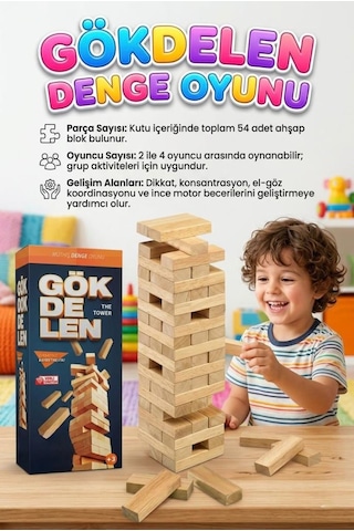 Ahşap Gökdelen Ahşap 54 Parçalı 4 Kişilik Eğitici Ve Zeka Aile Kule Denge Oyunu