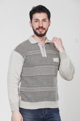 Kzc Tekstil Erkek Baba Orta Yaş Ve Üzeri Triko Örgü Akrilik Kışlık Regular Fit Cepli Fermuarlı Polo Yaka Kazak Bej