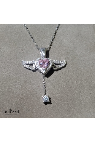 Angelight 925 Ayar Gümüş Melek Kanatlı Pembe Taş Kalpli Kadın Kolye Ort. Gümüş