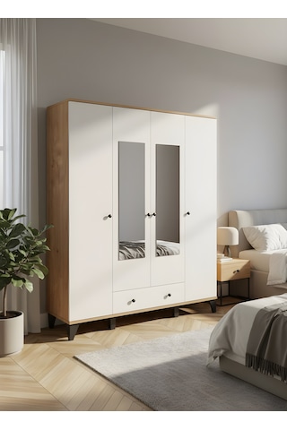 Vento Modern 4 Kapaklı Aynalı Fonksiyonel Yatak Odası & Genç Odası Elbise Dolabı - Safir Meşe Safir Meşe