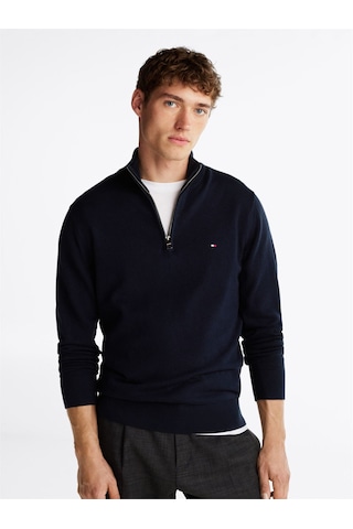 Tommy Hilfiger Pıma Org Ctn Cashmere Zıp Mock Erkek Mavi Kazak - Mw0mw28049