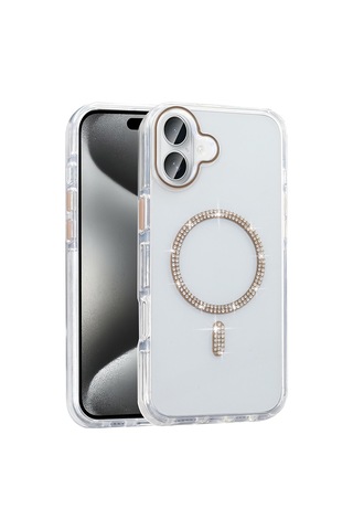 Zore Apple iPhone Uyumlu 16 Plus Kılıf Taşlı Tasarım M-safe Şarj Özellikli Zore Koment Silikon Kapak - Gold Altın