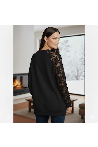 Afri Siyah Dantel Detaylı Sweatshirt Şık Ve Rahat Günlük Kadın Üst Yumuşak Kumaş Siyah