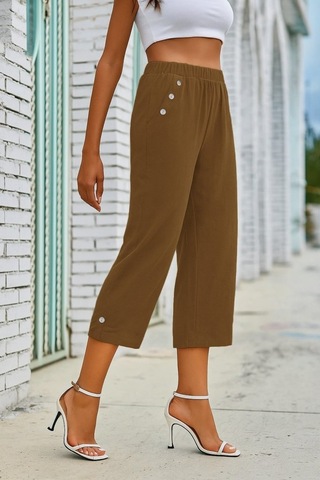 Simala Kadın Beli Lastikli Düğme Ve Cep Detaylı Kapri Ithal Keten Pantolon Hardal