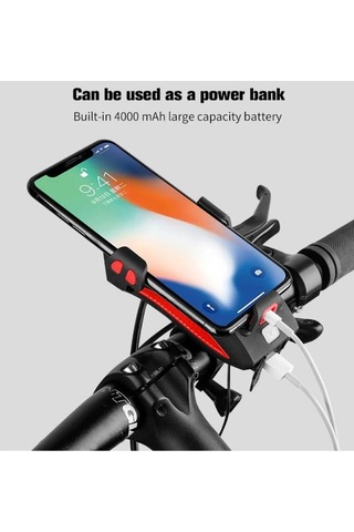 Forte GT Bisiklet Işık çok fonksiyonlu 4 IN 1  400 lümen bisiklet kornası telefon tutucu Power bankası Ön ışık Xbyc 6139 Kırmızı