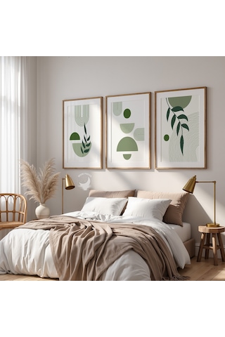 3'lü Yeşil Bohem Poster Seti Modern Minimalist Duvar Dekoratif Baskı