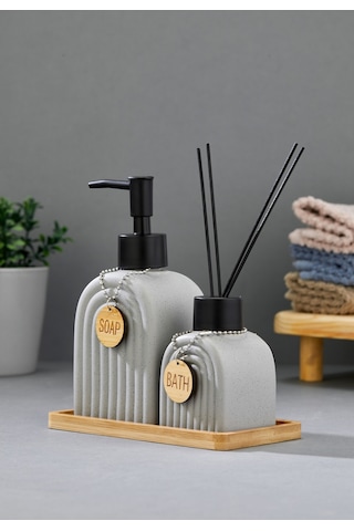 Cooker 2'li 320 Ml Seramik Bambu Standlı Banyo Seti Ckr3885 Gri
