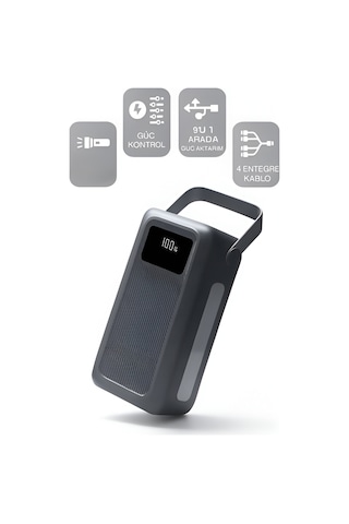 50000mah 22.5w Hızlı Şarj 4xusb 1xtype-c 1xmicro Led Işıklı Dahili Kablolu Çoklayıcı Powerbank Koyu Gri
